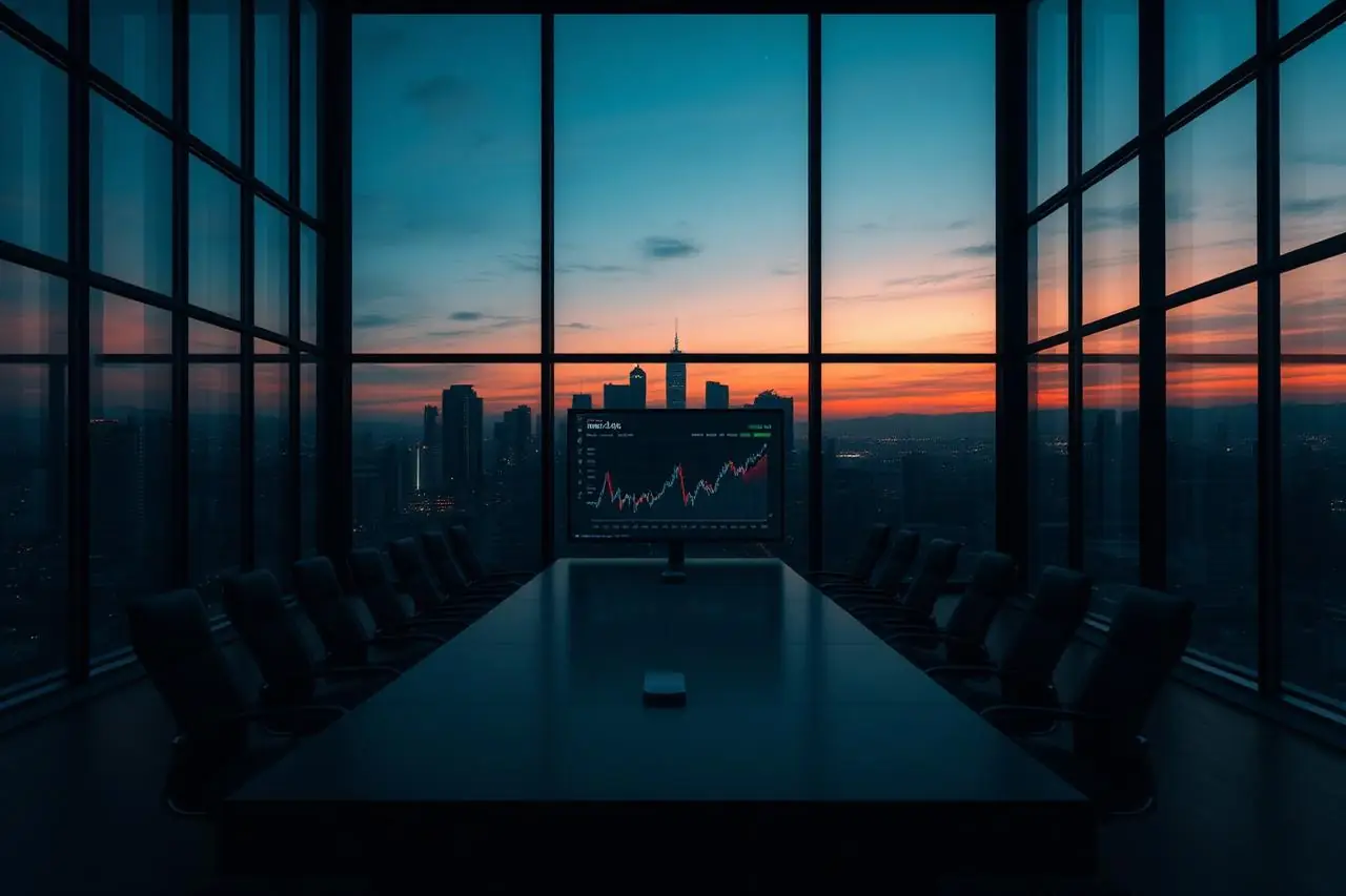Sala de reunião executiva ao entardecer com o skyline de São Paulo e um painel de indicadores