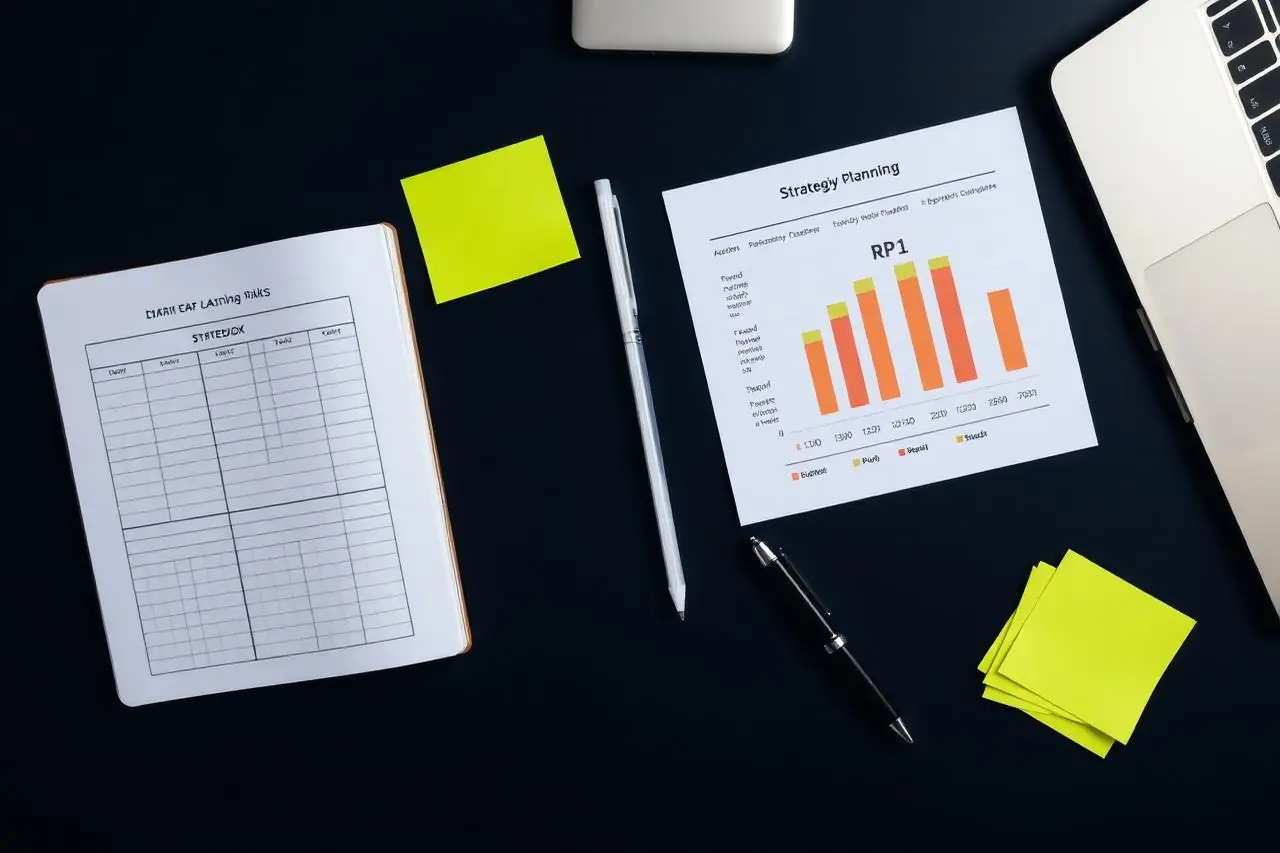 Mesa de planejamento com caderno do plano de 90 dias, gráficos impressos e post-its