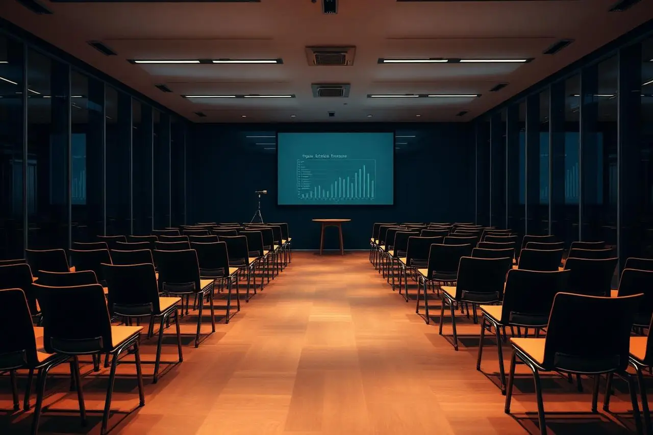 Sala de workshop preparada para a oficina prática, com telão de indicadores